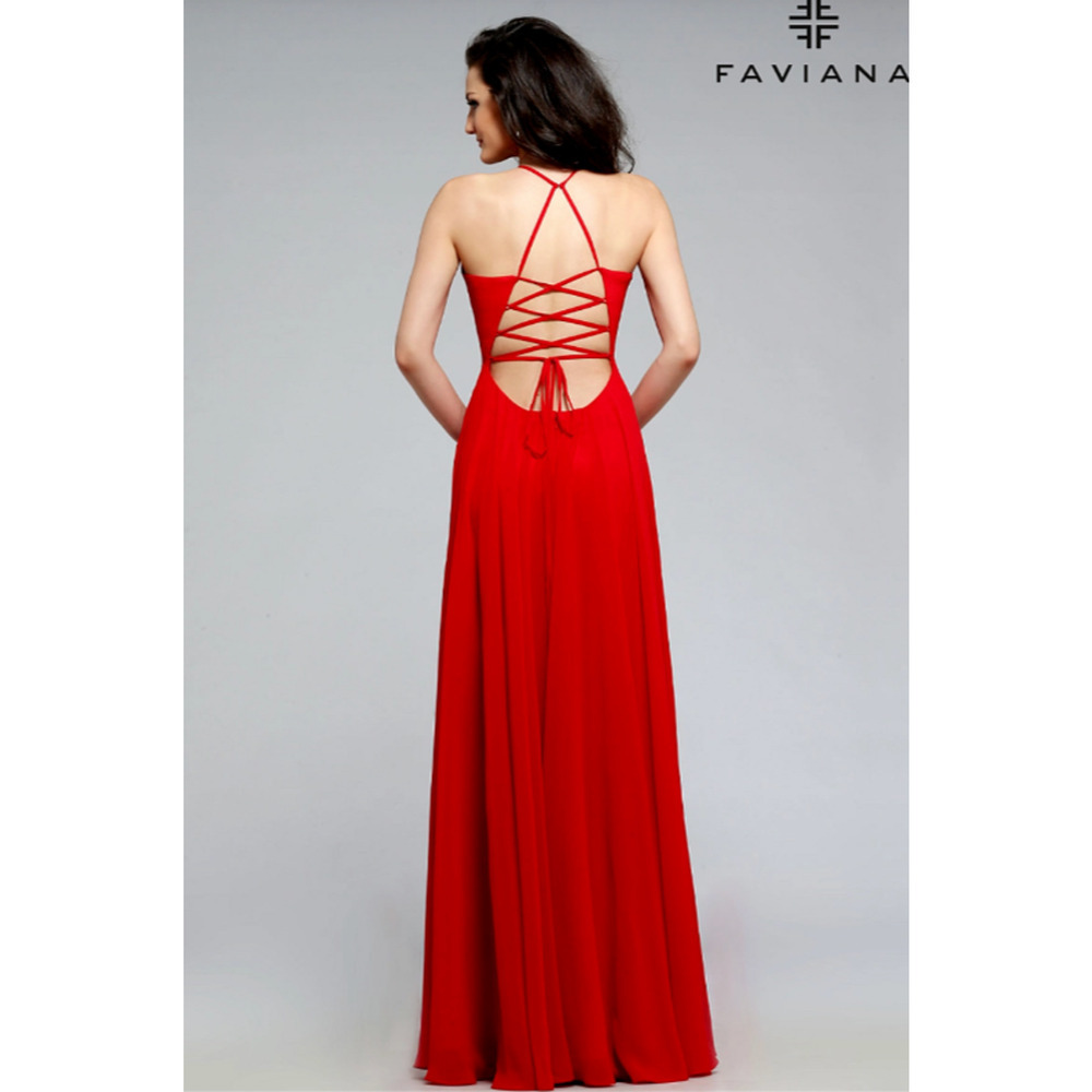 FAVIANA Women's Illusion Plunge Chiffon Gown Red Prom Maxi Dress V Neck Formal 0 - Picture 2 of 8